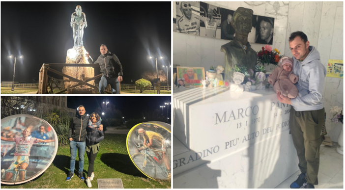 Papà Martino Caliaro, mamma Beatrice e la piccola Cloe omaggiano Marco Pantani a Cesenatico a San Valentino, nel giorno del 22° anniversario della sua morte