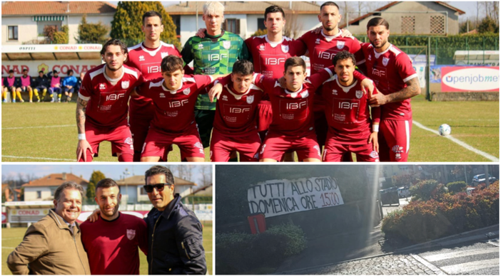 Domenica tutti allo stadio con mezz'ora d'anticipo sul via delle 15.30 per trascinare la Vergiatese alla salvezza: qui sopra il dg Menzaghi con Gianluca Sansone, ex tra le altre di Samp e Bologna, e il presidente Fraietta; a destra lo striscione comparso nella piazza di Vergiate