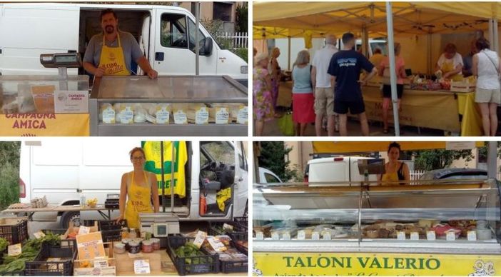 In alto a sinistra Paolo Zanotti, presidente dell'associazione Campagna Amica dietro al suo banco; nelle altre foto alcuni degli altri produttori a chilometro zero presenti nel piazzale dello stadio a Masnago