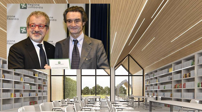 Il render del nuovo centro e, nel riquadro, Maroni (sinistra) e Fontana. In fondo, l'edificio oggi