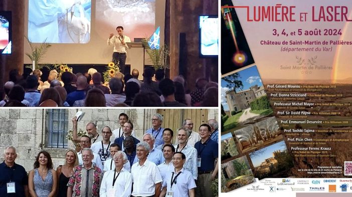 In alto a sinistra il "nostro" Filippo Fagnani sul palco dell'evento Lumiére et Laser. Sotto una foto di gruppo dei relatori e a fianco la locandina del convegno