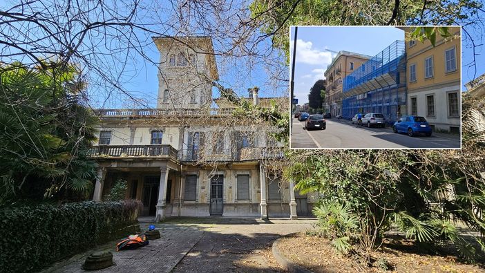 Villa Milani. Nel riquadro i ponteggi in via XX Settembre