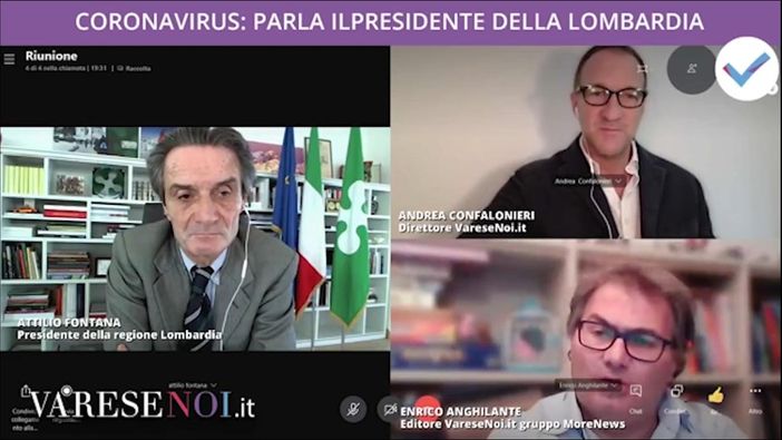 Attilio Fontana con Andrea Confalonieri e l'editore Enrico Anghilante durante la diretta di Varese Noi dedicata all'emergenza Coronavirus