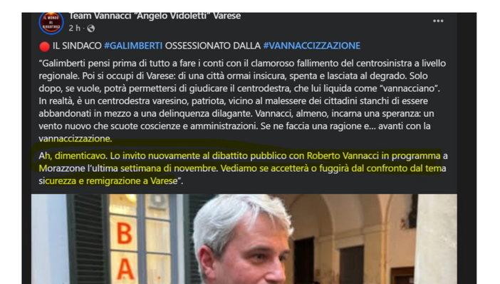 Il post originario pubblicato dal Team Vannacci “Angelo Vidoletti” Varese