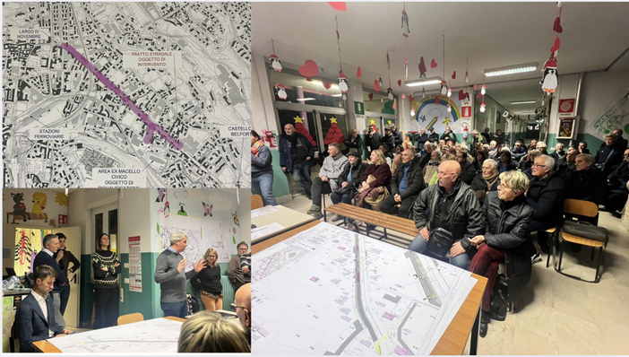 L'androne della Sacco pieno, i relatori del Comune e una delle tante mappe mostrate