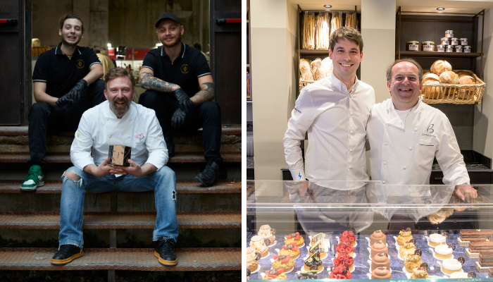 A sinistra, Fabio Longhin e i suoi collaboratori. A destra, Denis Buosi con suo figlio Andrea