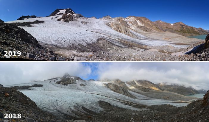 La foto comparata del ghiacciaio pubblicata dalla pagina Facebook del Centro Geofisico Prealpino.