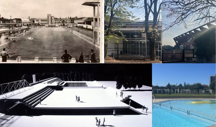 Vite della piscina. In alto nel 1939, in senso antiorario il progetto del '79, l'impianto scoperto quest'estate e la Manara Sartori tristemente chiusa oggi Vite della piscina. In alto nel 1939, in senso antiorario il progetto del '79, l'impianto scoperto quest'estate e la Manara Sartori tristemente chiusa oggi