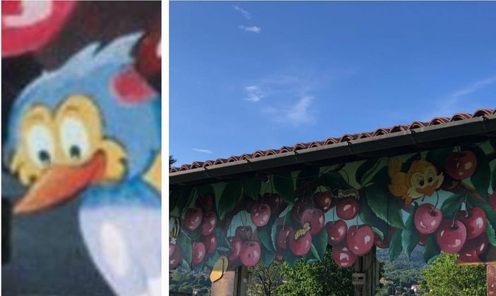 Il banco della vendita delle ciliegie al Parco Cinque Piante di Oltrona senza la sagoma del picchio Il banco della vendita delle ciliegie al Parco Cinque Piante di Oltrona senza la sagoma del picchio