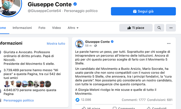 Il post di Giuseppe Conte