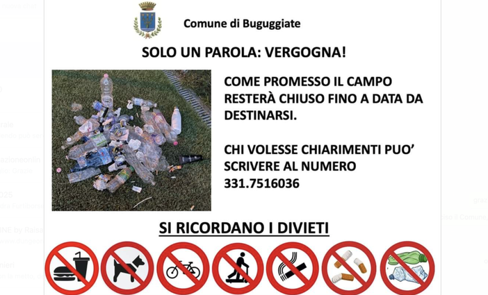 Troppi rifiuti abbandonati, Buguggiate chiude il suo campo di calcio