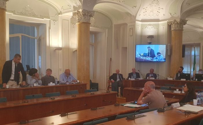 Colombo interviene in piedi durante la discussione in Provincia sul Remigration Summit