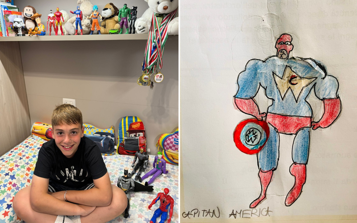 Samuele Labanca con i suoi giochi e il suo disegno di Capitan America