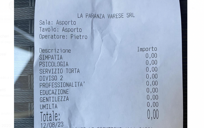 FOTO - La risposta de La Paranza a quelli del sovrapprezzo: uno scontrino pieno di zeri