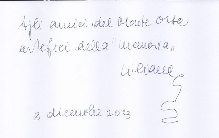 Il messaggio autografo di Liliana Segre agli Amici del Monte Orsa