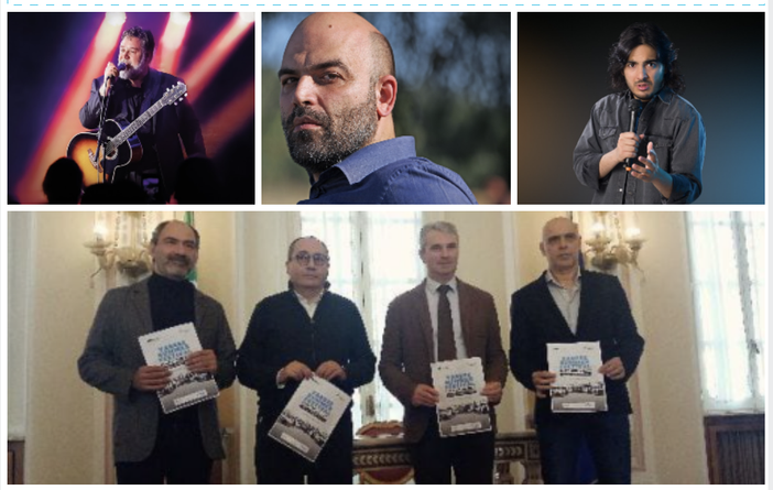 In alto da sinistra: Crowe, Saviano e Angioni. In basso: il direttore Teatro di Varese Filippo De Sanctis, l'assessore Enzo Laforgia, il sindaco Davide Galimberti e Alessandro De Luigi di AD Management