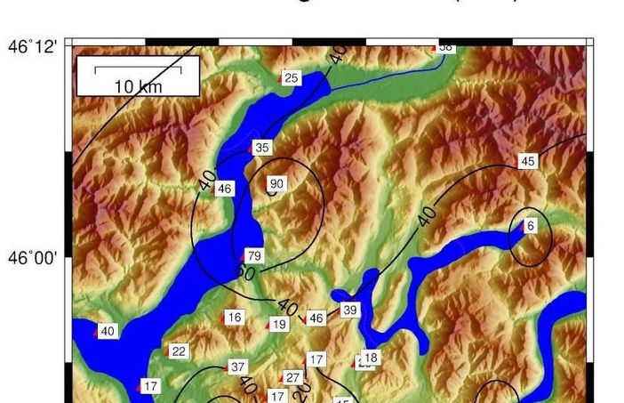 La mappa delle isoiete del Centro Geofisico Prealpino che mostra la quantità d'acqua caduta il 26 agosto