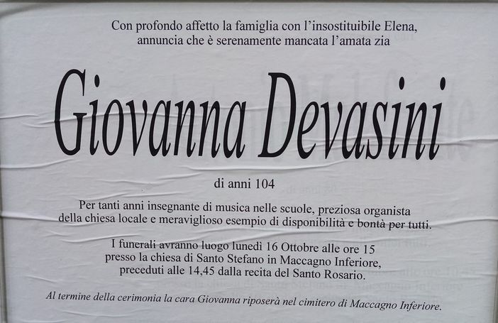 Il necrologio di Giovanna Devasini
