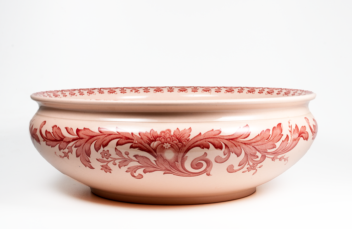 SERVIZIO IGIENICO DA CAMERA CON DECORO A FIORI E FRUTTA SU FONDO ROSATO