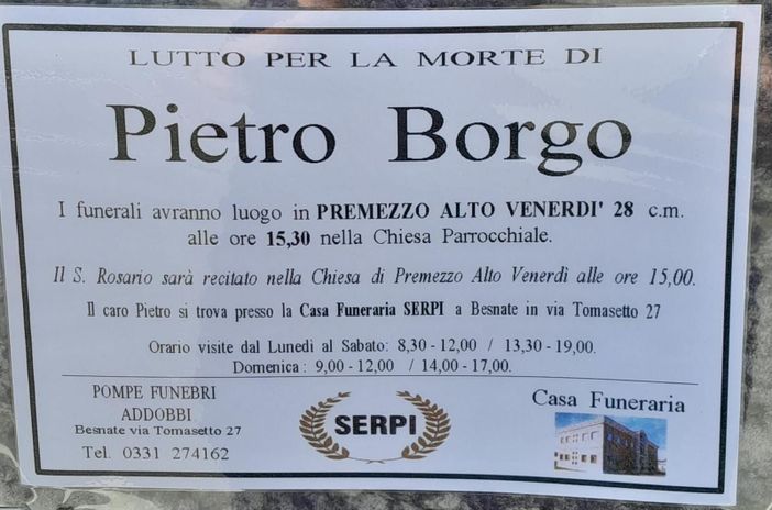 Cavaria con Premezzo in lutto per il suo Pietro Cavaria con Premezzo in lutto per il suo Pietro