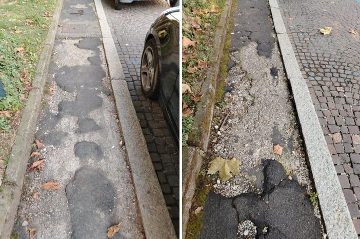Lo stato del marciapiede su un lato di via Dandolo Lo stato del marciapiede su un lato di via Dandolo