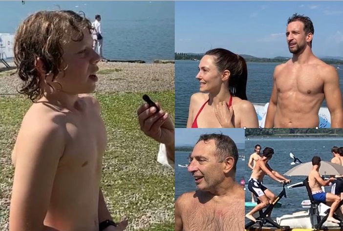 Il piccolo Michelangelo, Elena Zoja e Michele Miscio e un turista in arrivo di Pavia sono stati i primi bagnanti alla Schiranna