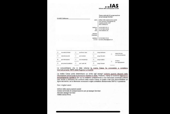 La lettera dell'Ias ricevuta dai lavoratori frontalieri italiani La lettera dell'Ias ricevuta dai lavoratori frontalieri italiani