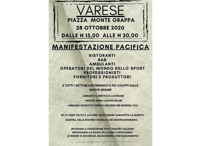 Coronavirus: bar, ristoranti, palestre, fornitori e produttori domani in piazza per difendere il diritto al lavoro