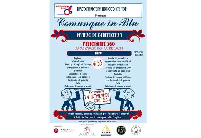"Comunque il blu", domenica il pranzo di beneficenza dell'associazione Articolo Tre