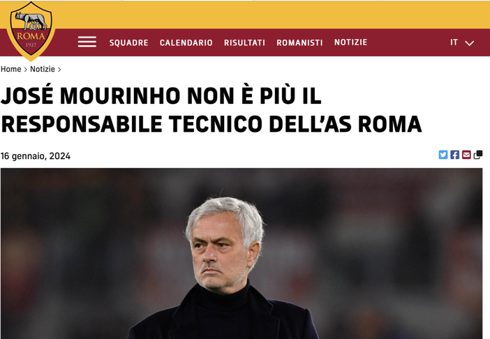 Mourinho esonerato dalla Roma Mourinho esonerato dalla Roma