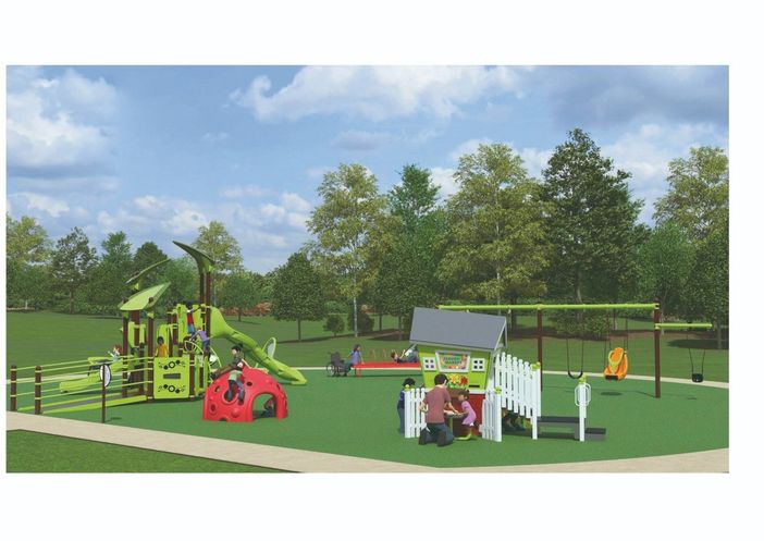 Il rendering del parco giochi inclusivo a Villa Mylius Il rendering del parco giochi inclusivo a Villa Mylius