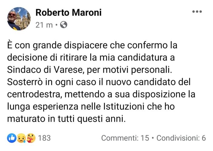 Maroni conferma il passo indietro: «Mi ritiro per motivi personali»