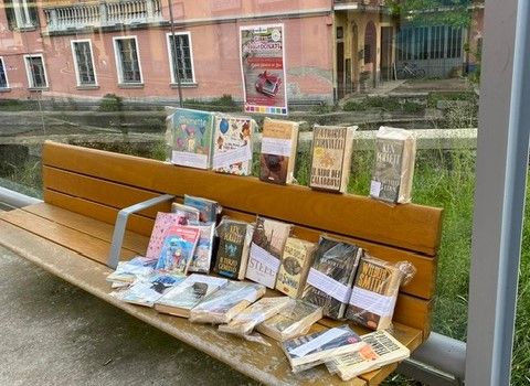 I libri lasciati alla fermata dell'autobus di via Roncari a Besozzo