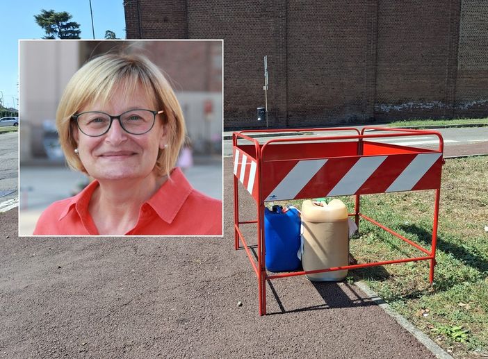 Le taniche in viale Rimembranze, nel riquadro la consigliera Cinzia Berutti Le taniche in viale Rimembranze, nel riquadro la consigliera Cinzia Berutti