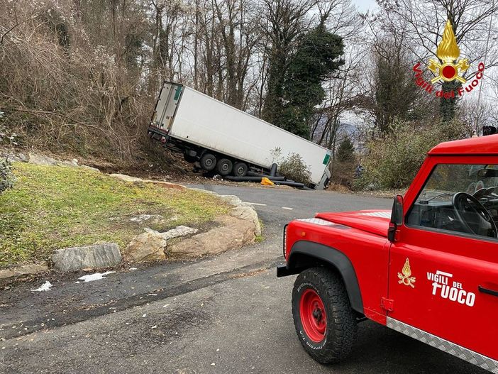 FOTO. Tir esce fuori strada e finisce nel bosco
