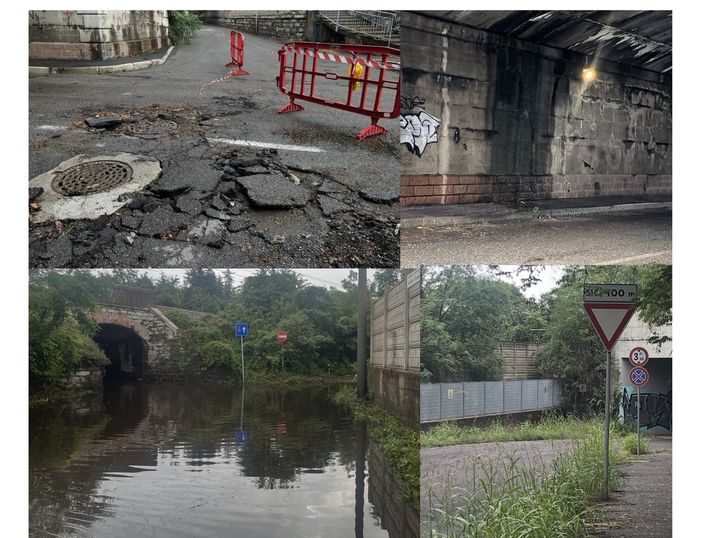 In alto, corso XX Settembre: manto "saltato" e infiltrazioni dall'alto. Sotto il ponticello allagato e il vicino sottopasso della salvezza In alto, corso XX Settembre: manto "saltato" e infiltrazioni dall'alto. Sotto il ponticello allagato e il vicino sottopasso della salvezza