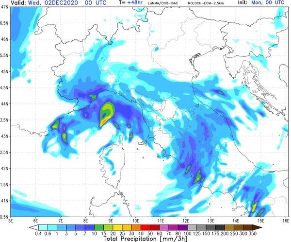 La mappa con l'evoluzione del meteo pubblicata da Gianluca Bertoni