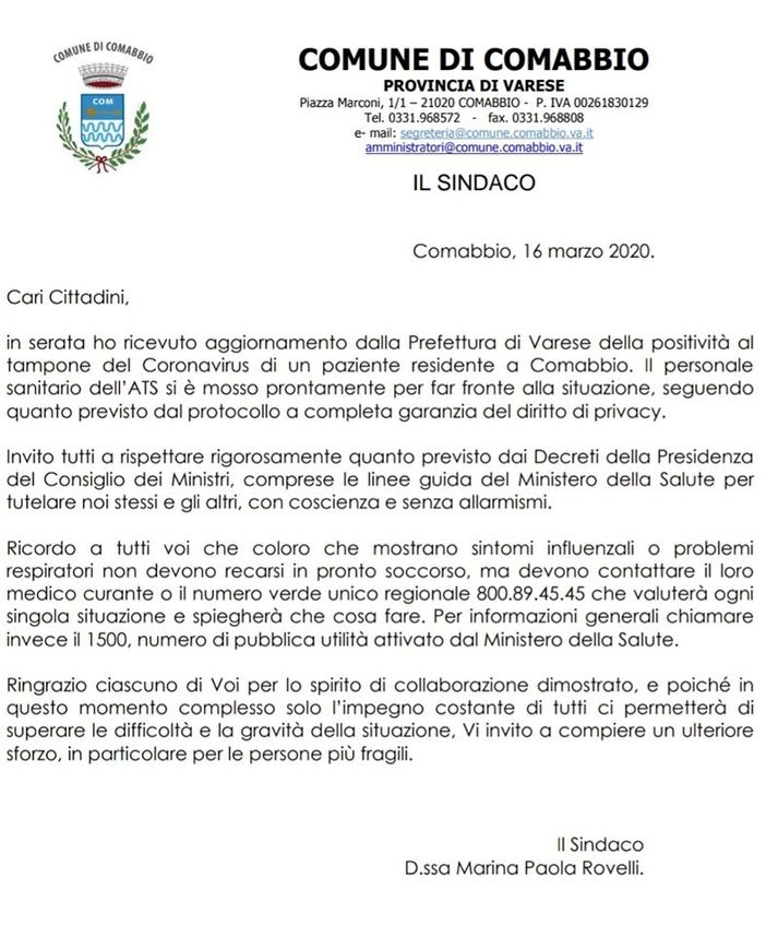Comabbio, l'annuncio del sindaco: «Un positivo al Coronavirus anche qui»
