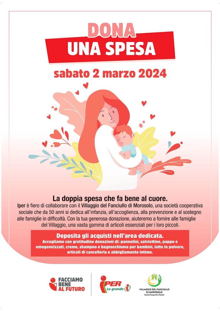 "Dona una spesa", sabato all'Iper una colletta alimentare per il Villaggio del Fanciullo di Morosolo