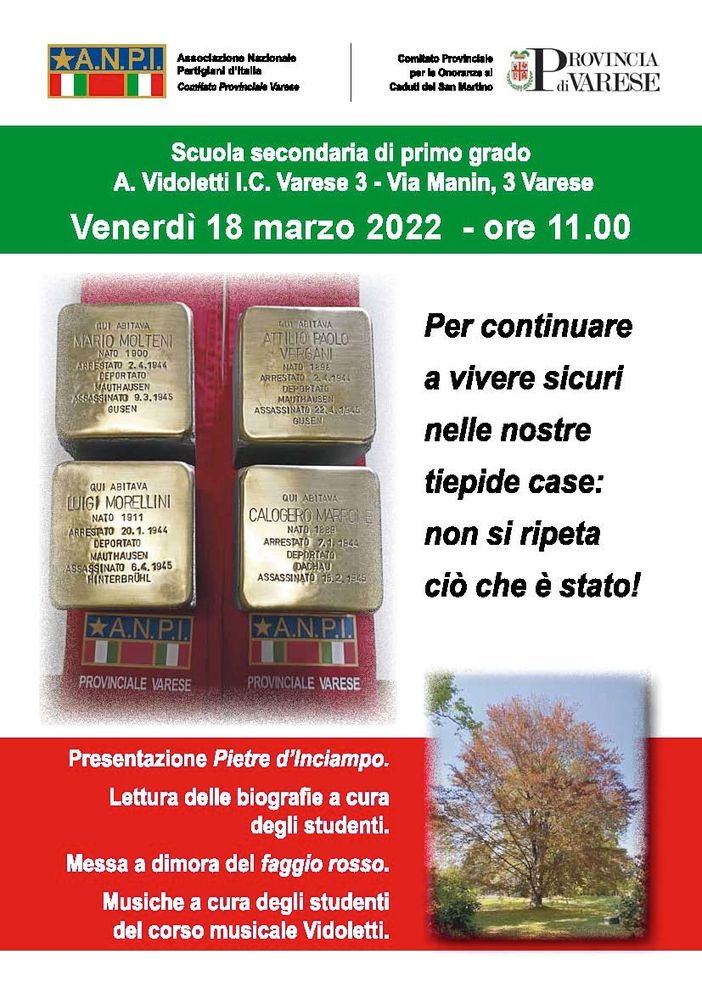 Resistenza varesina: quattro pietre d'inciampo per Luigi Morellini, Calogero Marrone, Mario Molteni, Paolo Achille Vergani