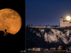 Un collage di due meraviglie: a sinistra la Superluna dietro al santuario di Santa Maria del Monte a Varese, a destra dietro la Rocca di Angera