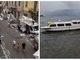 A sinistra: i danni del vento al mercato di Luino (foto da LuinoNotizie.it). A destra: i vigili del fuoco al lavoro per il natante incagliato sempre a Luino