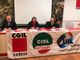 Da sinistra i segretari generali provinciali di Cisl (Daniele Magon), Cgil (Stefania Filetti), Uil (Antonio Massafra)
