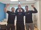 Coach Claude Devèze, in mezzo, insieme a Drolet e Desautels, &quot;alza&quot; una birra Poretti come buon auspicio per i suoi Mastini impegnati nelle Final Four di Coppa Italia