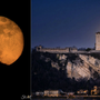 Un collage di due meraviglie: a sinistra la Superluna dietro al santuario di Santa Maria del Monte a Varese, a destra dietro la Rocca di Angera