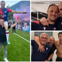 Donato Disabato sulle spalle di papà Michele, come dopo ogni promozione (e siamo a 7), a destra il team manager del Chiasso Stefano Pertile con Disa e poi in festa negli spogliatoi (foto FC Chiasso)