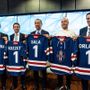Il presidente di Regione Lombardia Attilio Fontana, il presidente di Fondazione Fiera Milano Giovanni Bozzetti, il sindaco di Milano Giuseppe Sala, il presidente della FISG Andrea Gios e il Sindaco di Rho Andrea Orlandi con una maglietta del Milano HC