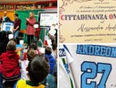 Alessandro Andreoni alla scuola Pedotti di Luvinate, di cui da ieri è cittadino onorario
