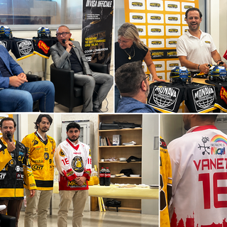 Quattro momenti, tra serenità e divertimento, della presentazione ufficiale alla Coop di Casbeno delle maglie dei Mastini per la stagione 2026/2027