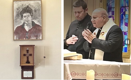 Il quadro e la teca. A lato monsignor Domenico Sorrentino e don David Maria Riboldi Il quadro e la teca. A lato monsignor Domenico Sorrentino e don David Maria Riboldi